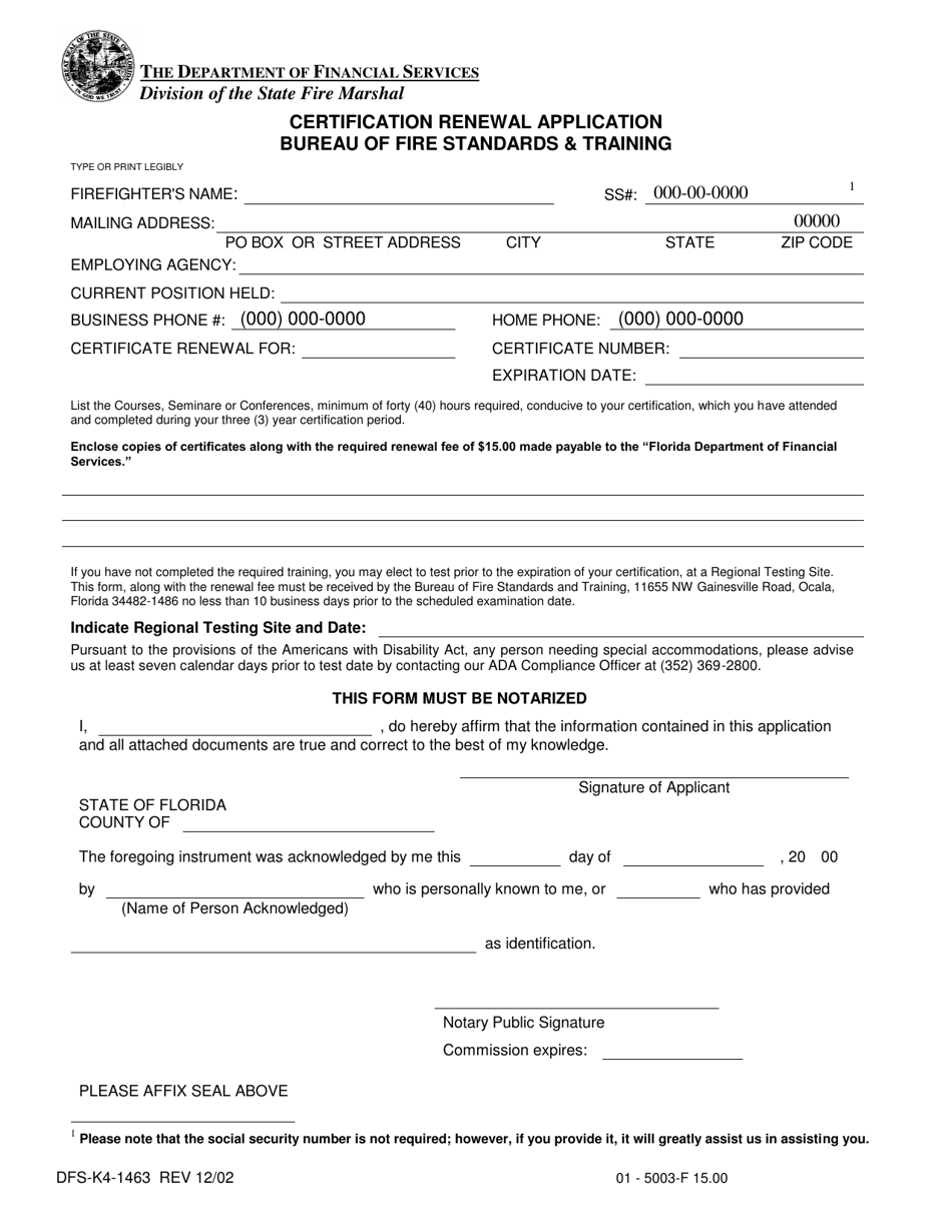 Form DFS-K4-1463 Certification Renewal Application - Florida, Page 1