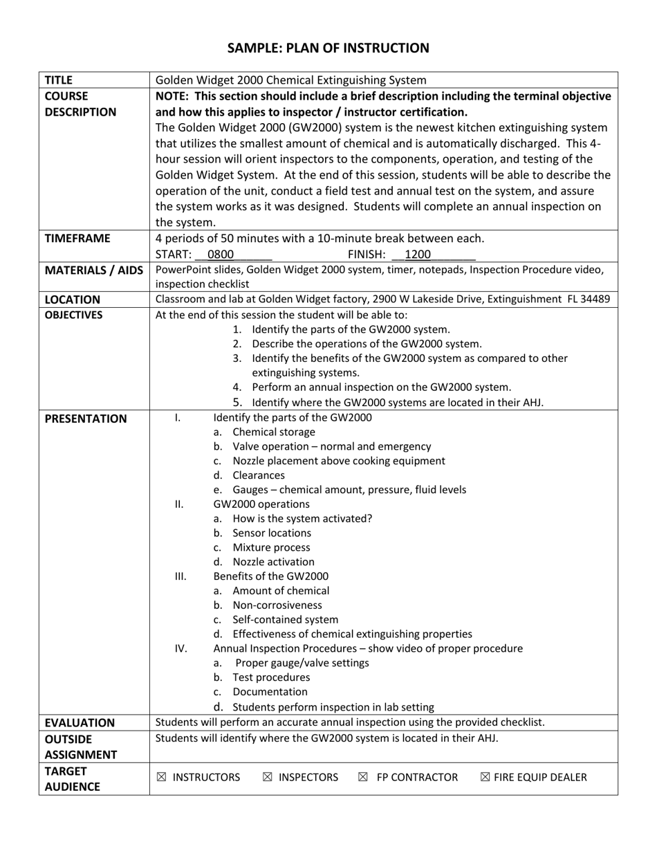 Sample Worksheet: Plan of Instruction - Florida, Page 1