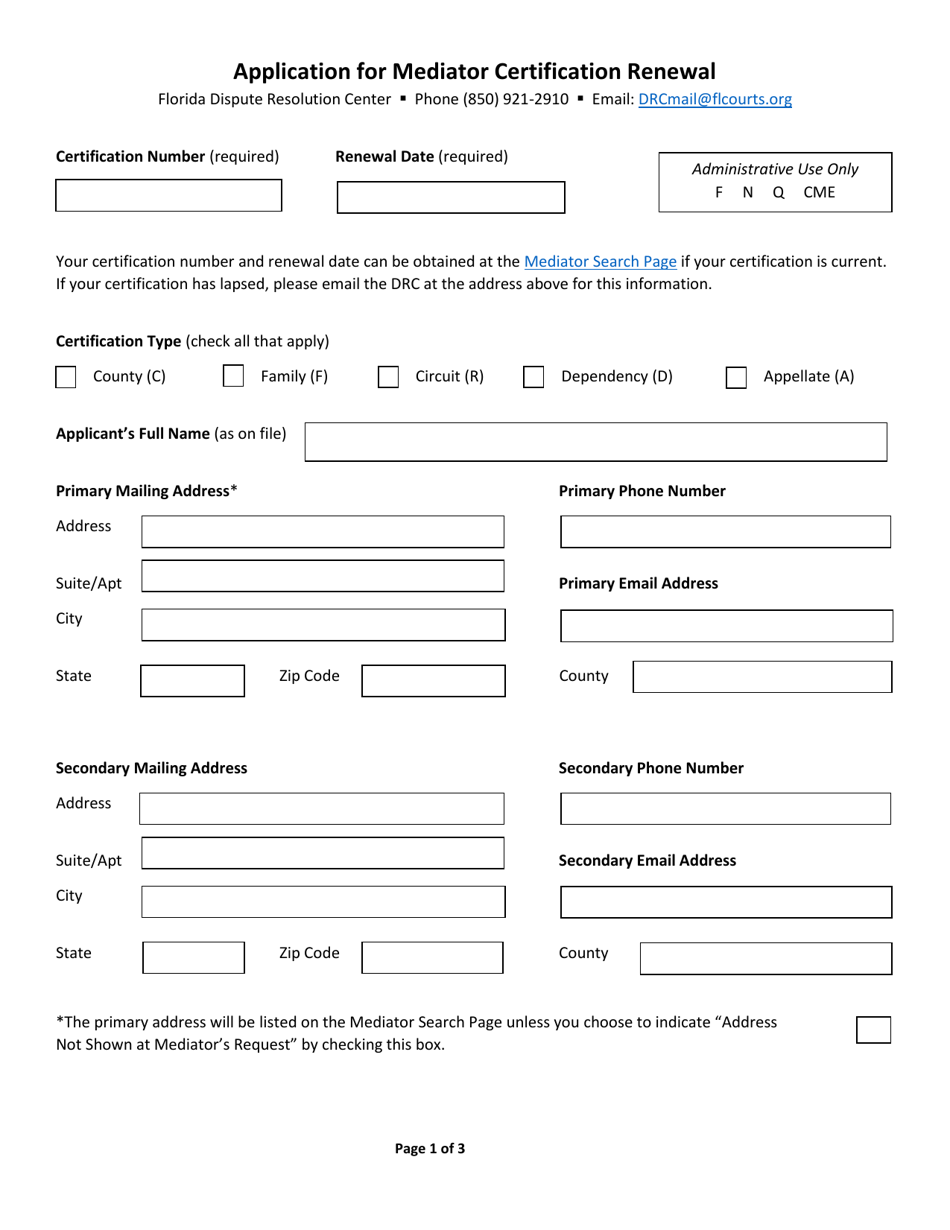 Florida Application for Mediator Certification Renewal Fill Out Sign