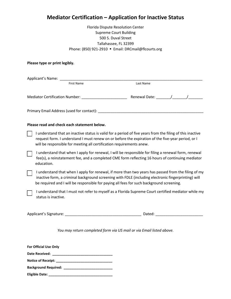 Florida Mediator Certification Application for Inactive Status Fill
