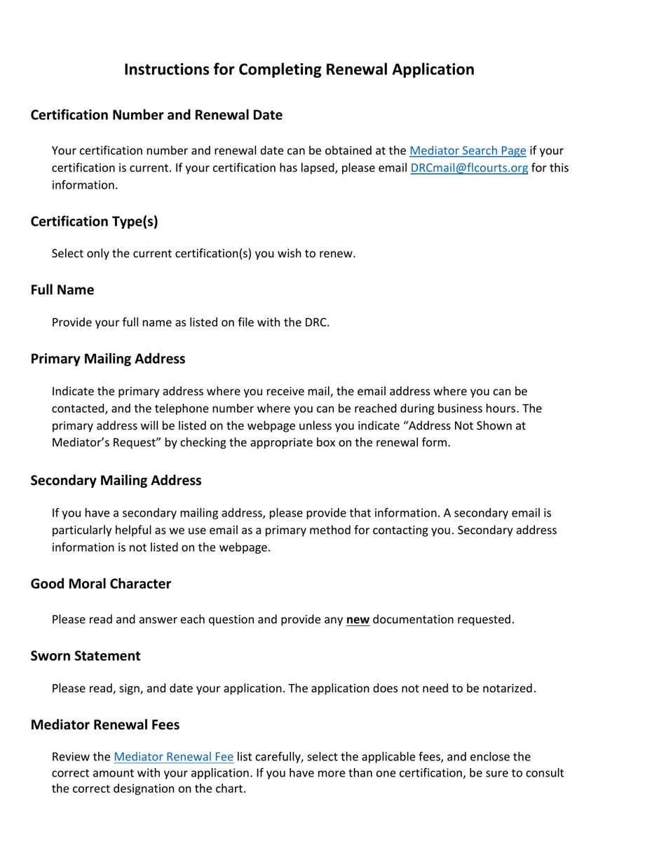 Instructions for Application for Mediator Certification Renewal - Florida, Page 1