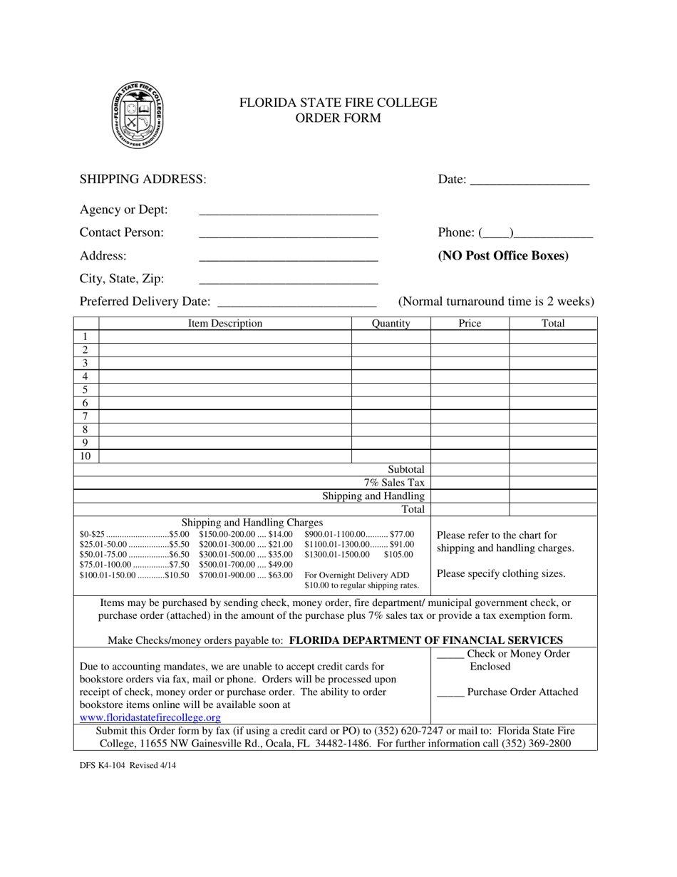 Form DFS-K4-104 Florida State Fire College Order Form - Florida, Page 1
