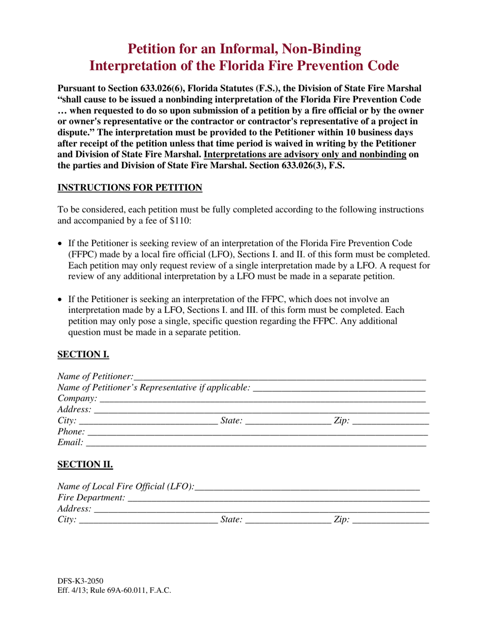 Form DFS-K3-2050 Petition for an Informal, Non-binding Interpretation of the Florida Fire Prevention Code - Florida, Page 1