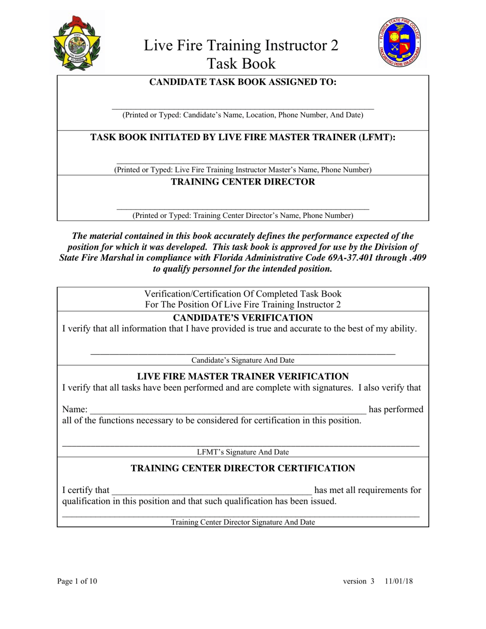 Florida Live Fire Training Instructor 2 Task Book Fill Out, Sign