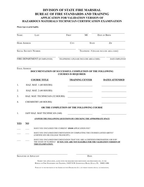 Application for Validation Version of Hazardous Materials Technician Certification Examination - Florida Download Pdf
