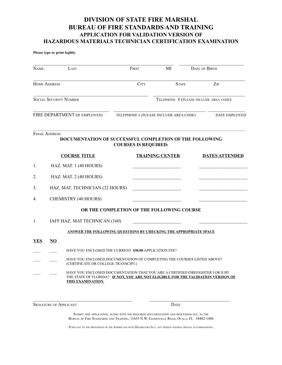 Application for Validation Version of Hazardous Materials Technician Certification Examination - Florida, Page 1