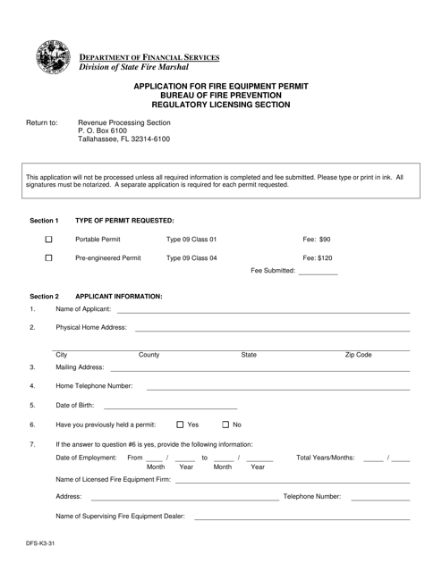 Form DFS-K3-31 Application for Fire Equipment Permit - Florida