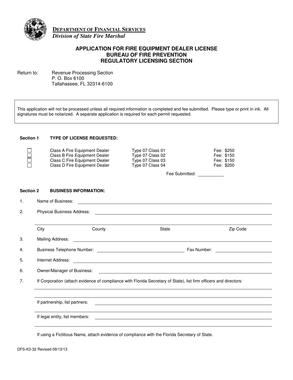 Form DFS-K3-32 Application for Fire Equipment Dealer License - Florida, Page 1