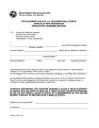 Document preview: Form DFS-K3-1482 Fire Equipment Dealer Halon Exemption Affidavit - Florida