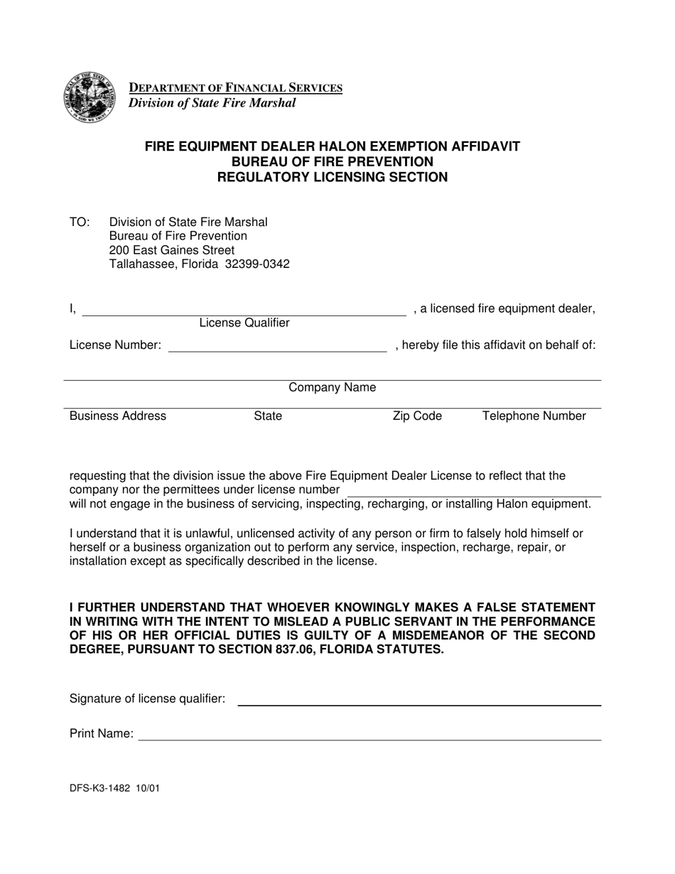 Form DFS-K3-1482 Fire Equipment Dealer Halon Exemption Affidavit - Florida, Page 1