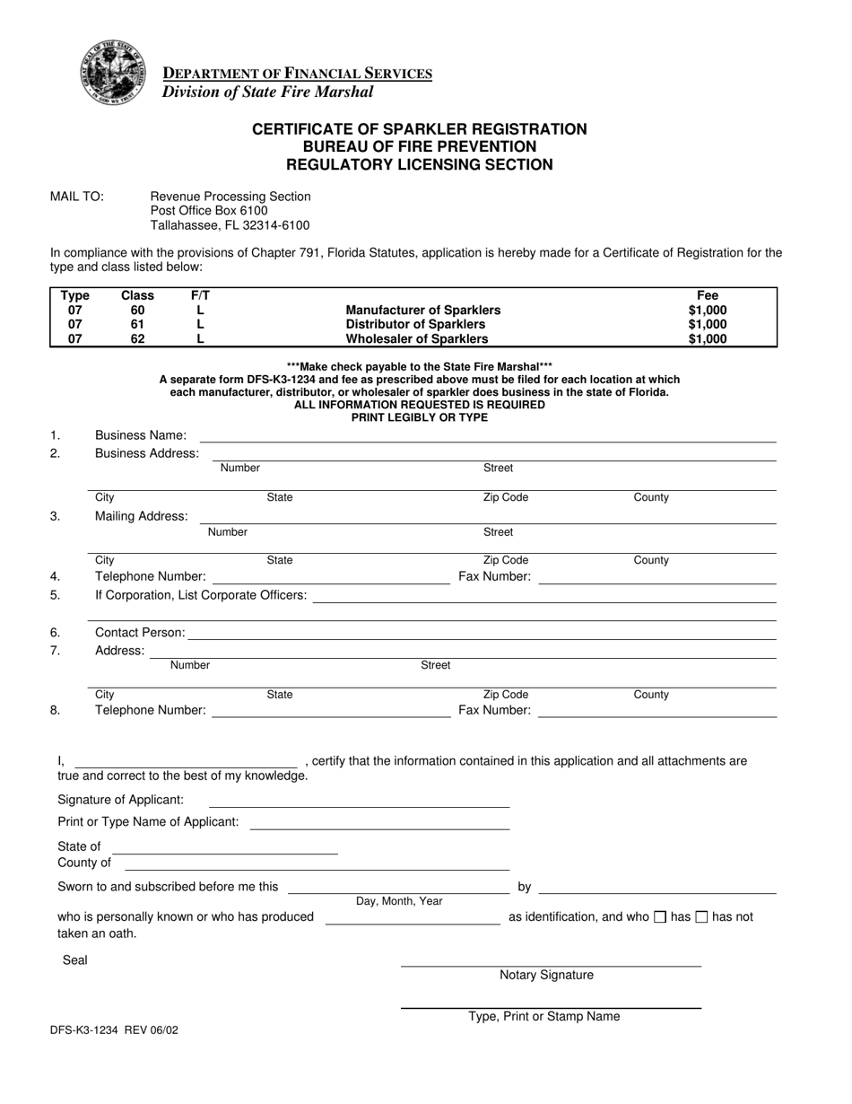 Form DFS-K3-1234 Certificate of Sparkler Registration - Florida, Page 1