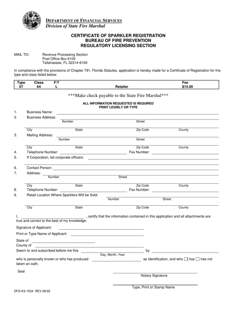 Form DFS-K3-1534 Certificate of Sparkler Registration - Florida