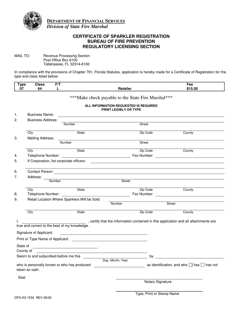 Form DFS-K3-1534 Certificate of Sparkler Registration - Florida, Page 1