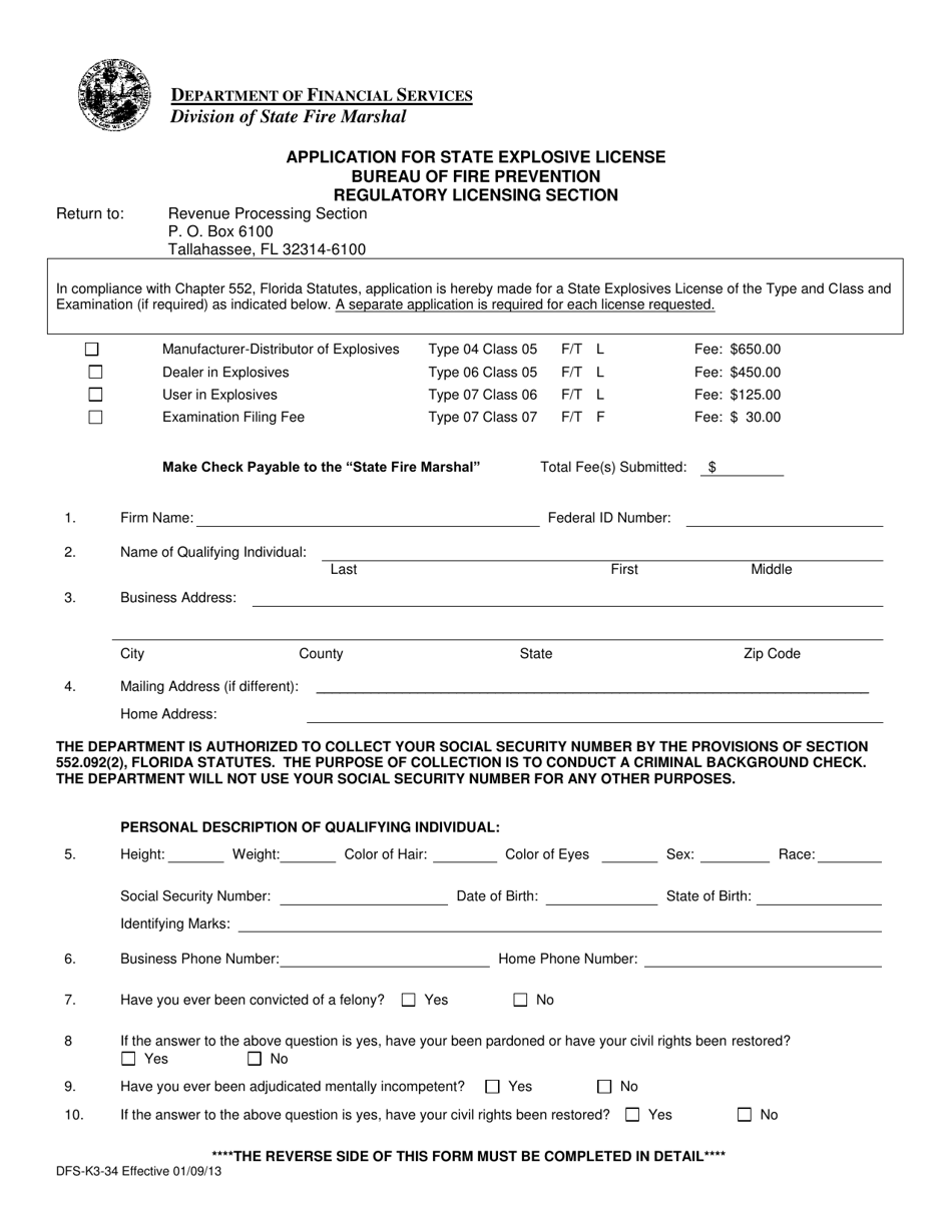 Form DFS-K3-34 Application for State Explosive License - Florida, Page 1