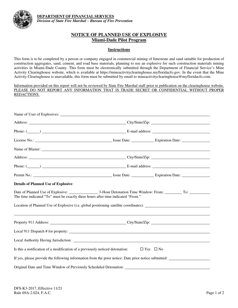 Form DFS-K3-2017 Notice of Planned Use of Explosive - Florida, Page 1