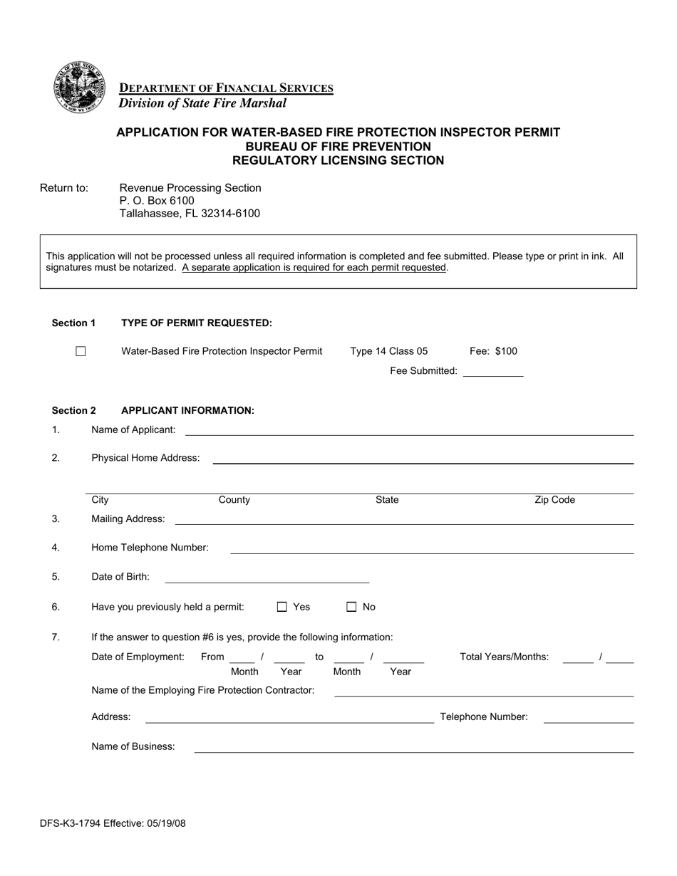 Form DFS-K3-1794 Application for Water-Based Fire Protection Inspector Permit - Florida, Page 1