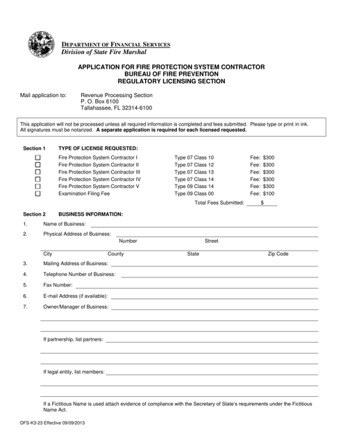 Form DFS-K3-23 Application for Fire Protection System Contractor - Florida