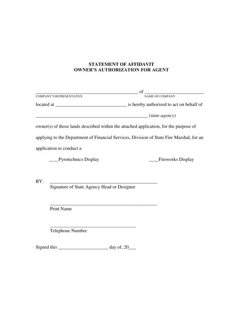 Statement of Affidavit Owner's Authorization for Agent - Florida Download Pdf