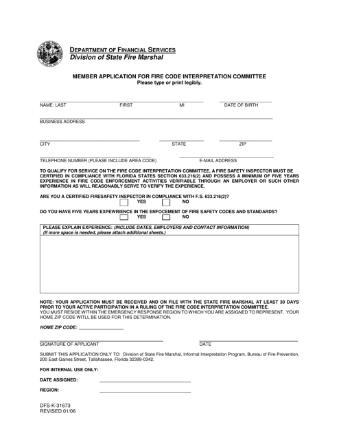 Form DFS-K3-1673 Member Application for Fire Code Interpretation Committee - Florida