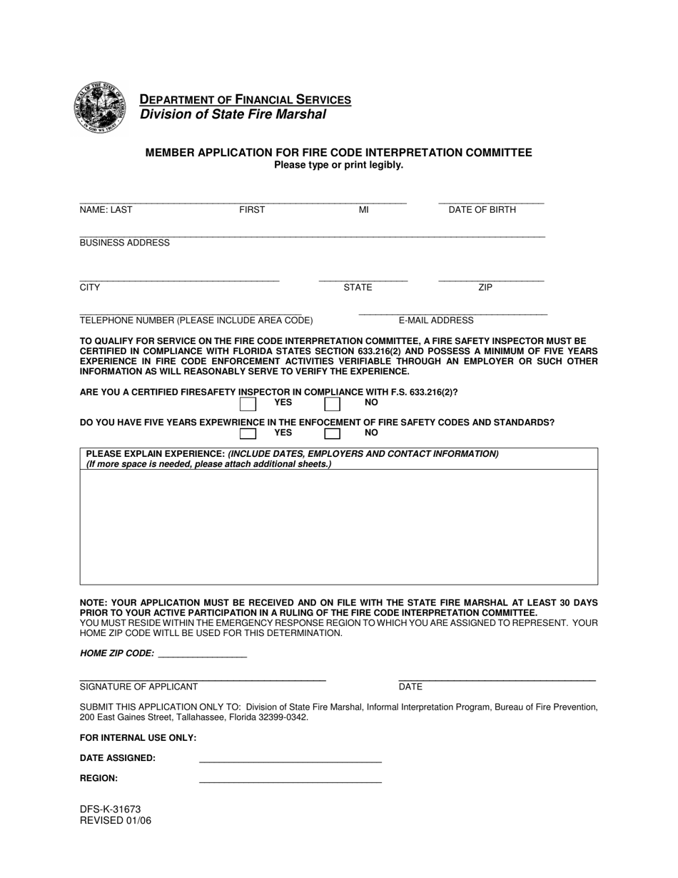 Form DFS-K3-1673 Member Application for Fire Code Interpretation Committee - Florida, Page 1
