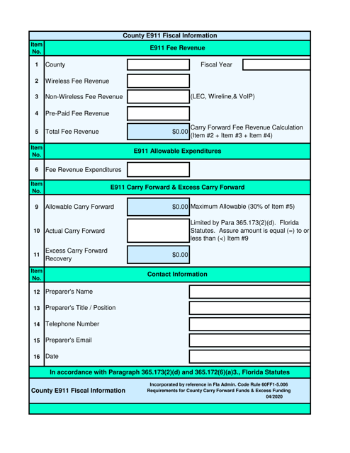 Form 6A County E911 Fiscal Information - Florida