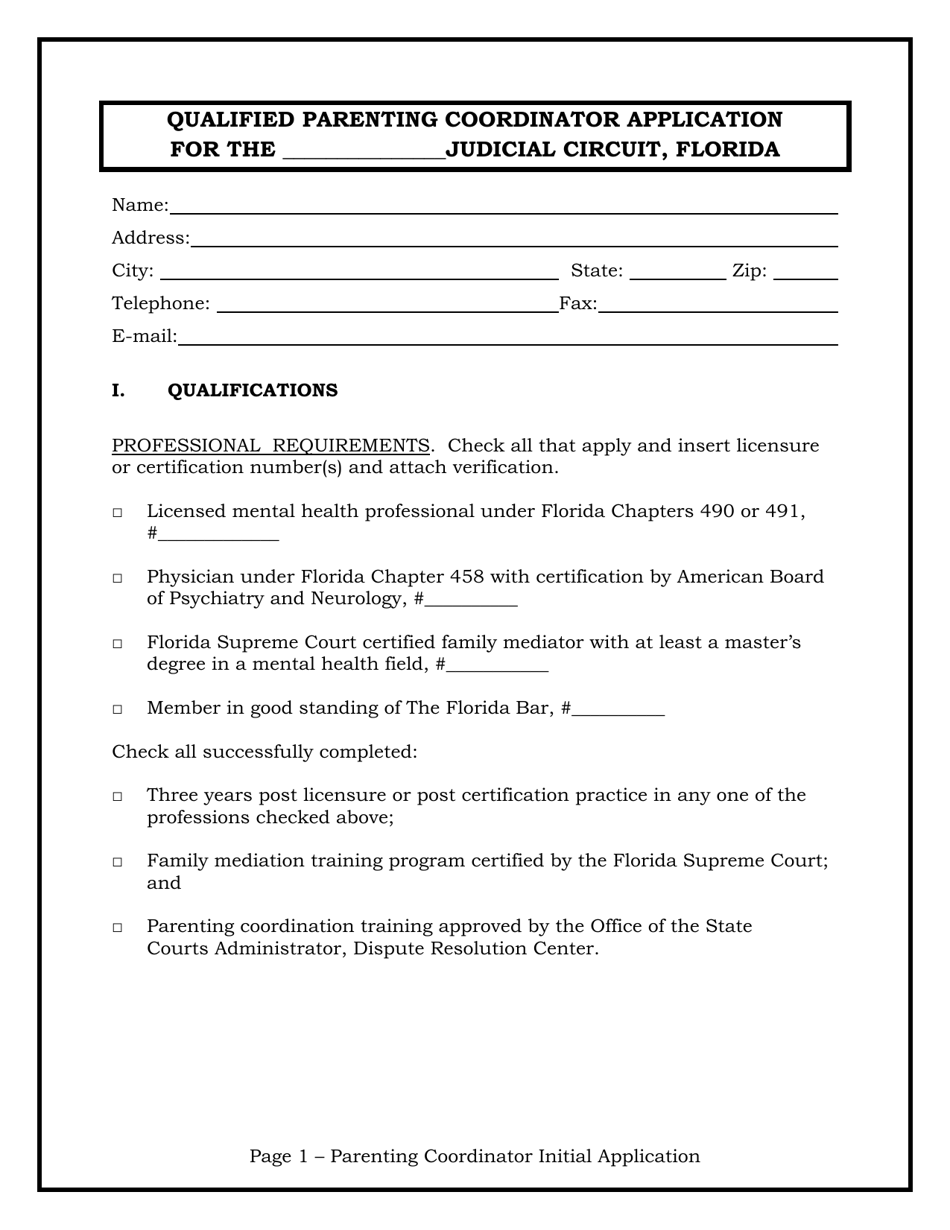 Qualified Parenting Coordinator Application - Florida, Page 1