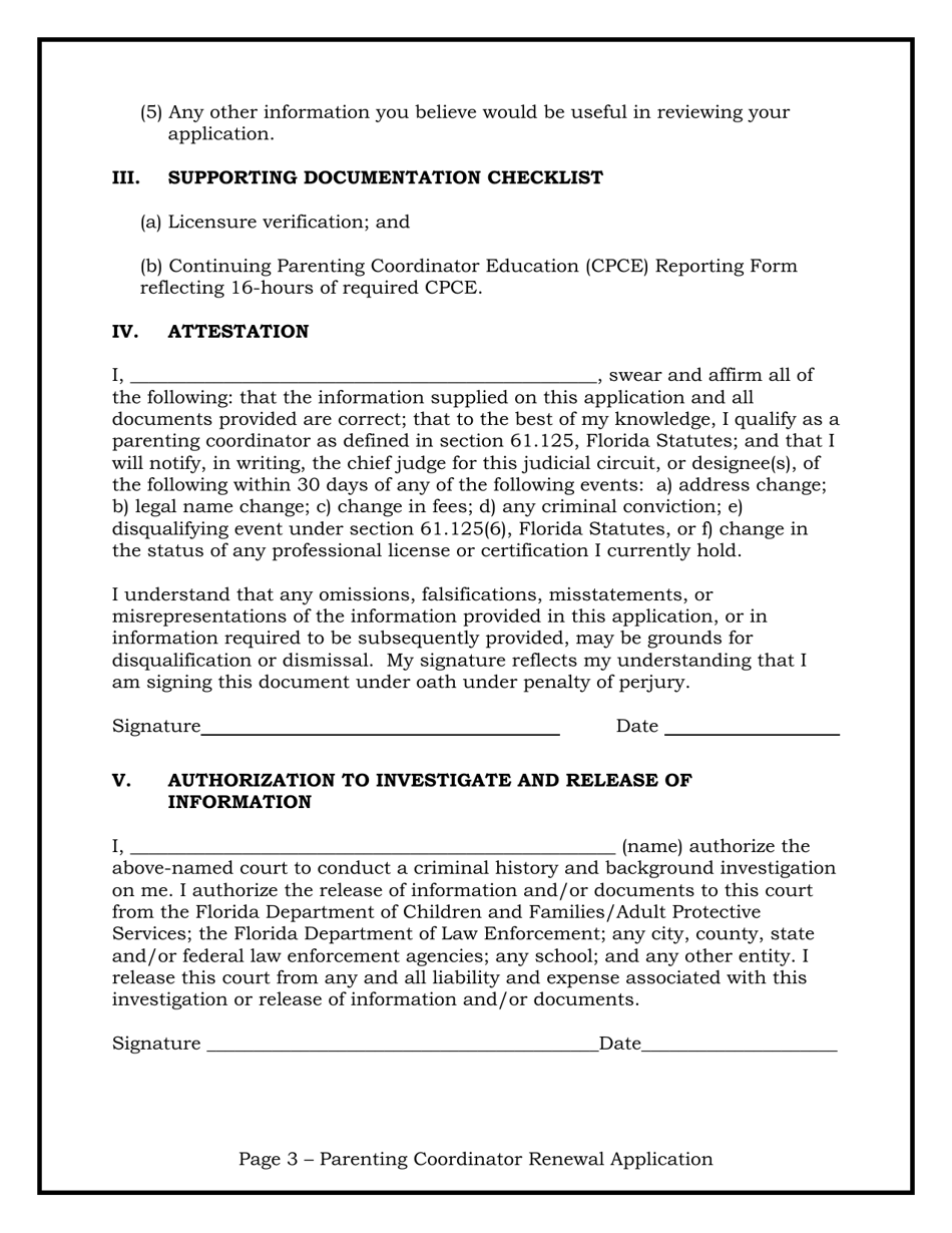 Qualified Parenting Coordinator Renewal Form - Florida, Page 3