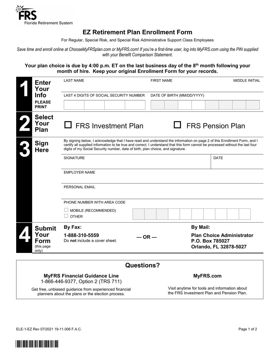 Form ELE-1-EZ Ez Retirement Plan Enrollment Form for Regular, Special Risk, and Special Risk Administrative Support Class Employees - Florida, Page 1