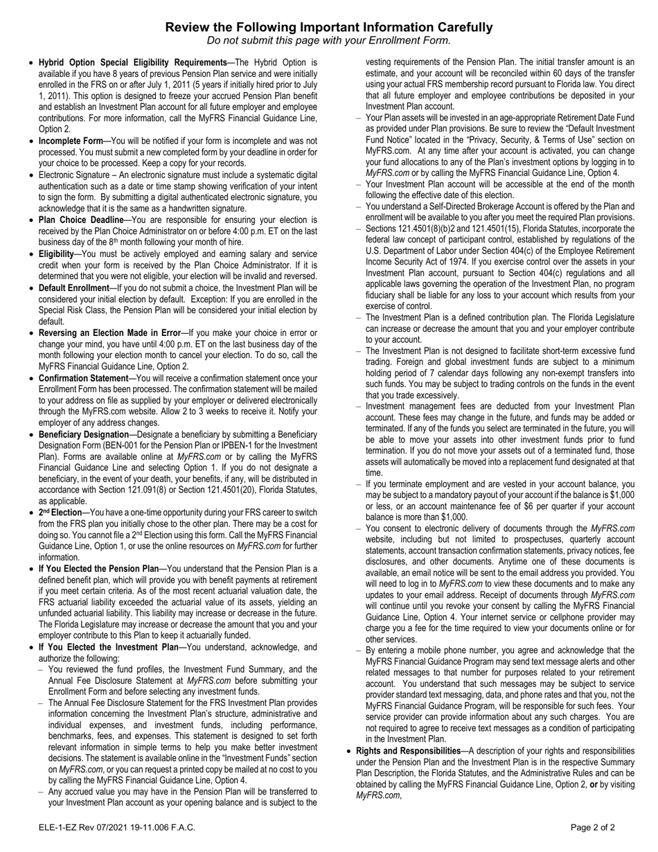 Form ELE-1-EZ Ez Retirement Plan Enrollment Form for Regular, Special Risk, and Special Risk Administrative Support Class Employees - Florida, Page 2
