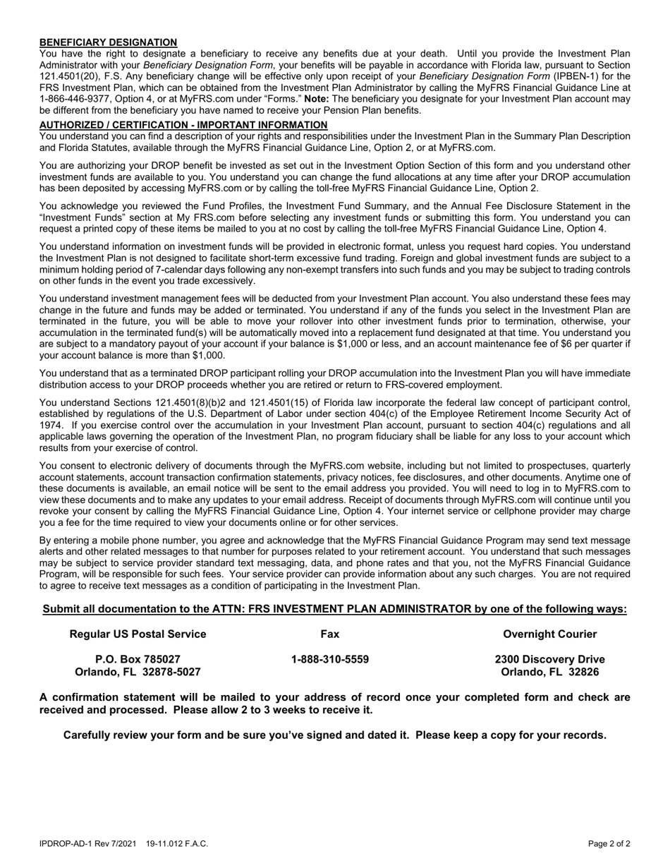 Form IPDROP-AD-1 Frs Investment Plan Drop Accumulation Direct Rollover Form for Current Drop Members - Florida, Page 2