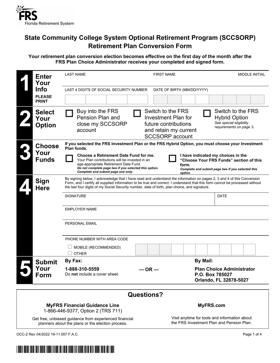 Form OCC-2 Retirement Plan Conversion Form - State Community College System Optional Retirement Program (Sccsorp) - Florida, Page 1