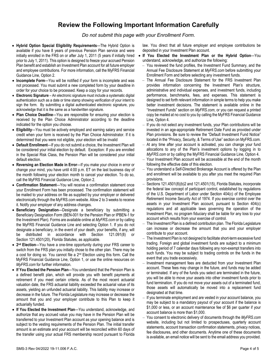 Form SMS-3 Local Senior Management Service Employees Retirement Plan Enrollment Form - Florida, Page 4
