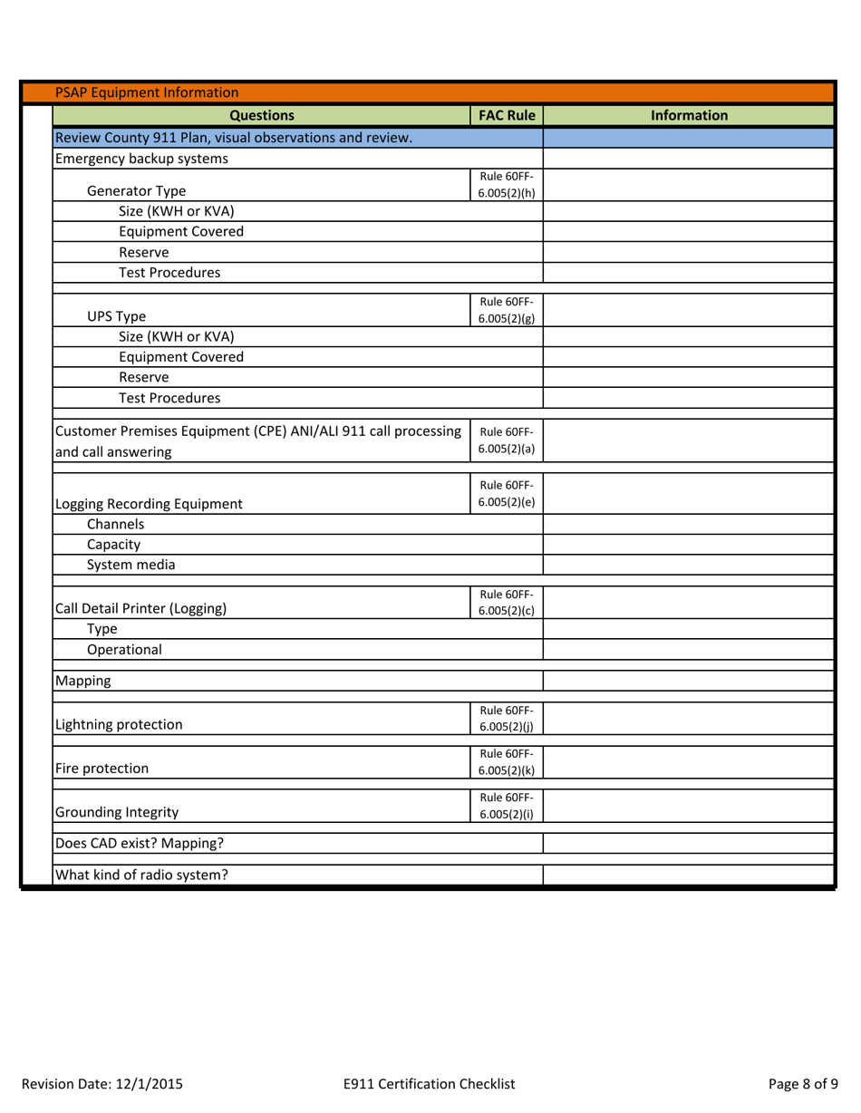 Florida E911 System Certification Checklist - Florida Emergency ...