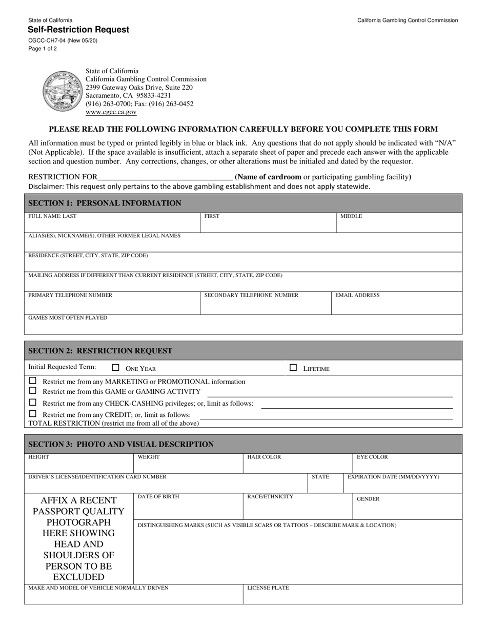 Form CGCC-CH7-04 Self-restriction Request - California, Page 1