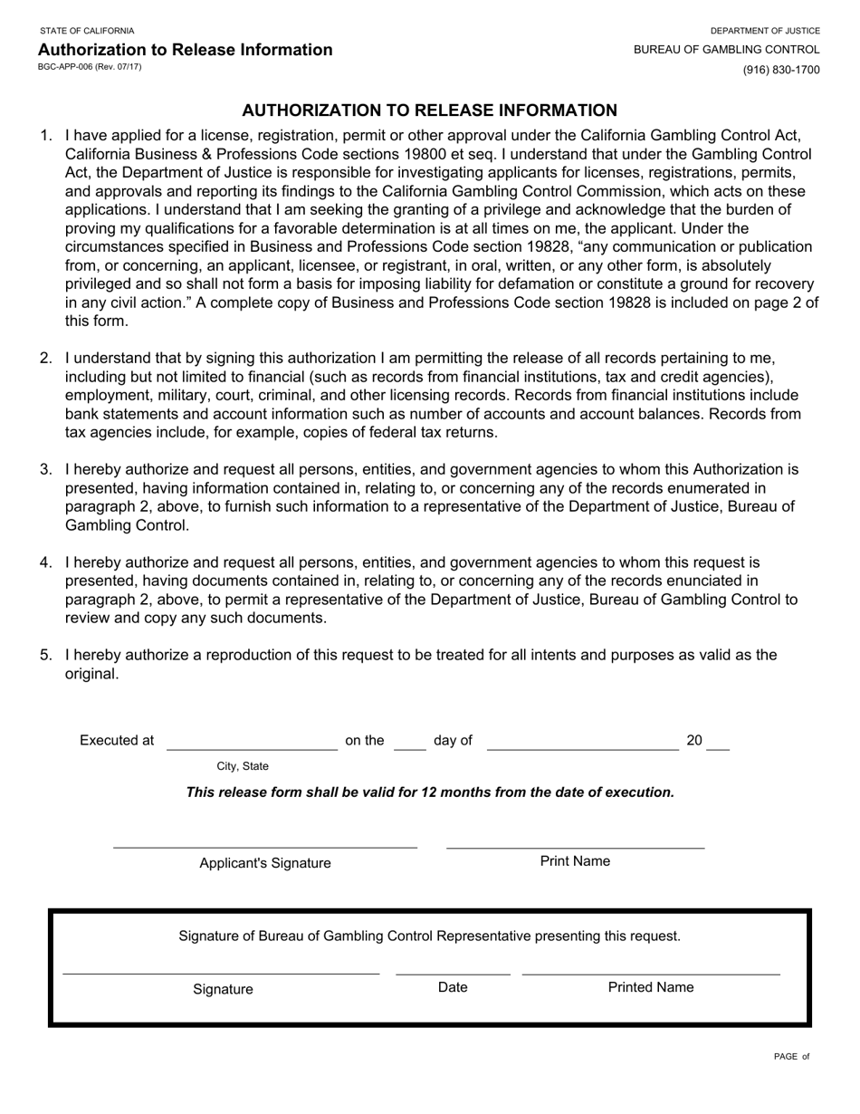 Form BGC-APP-006 Authorization to Release Information - California, Page 1