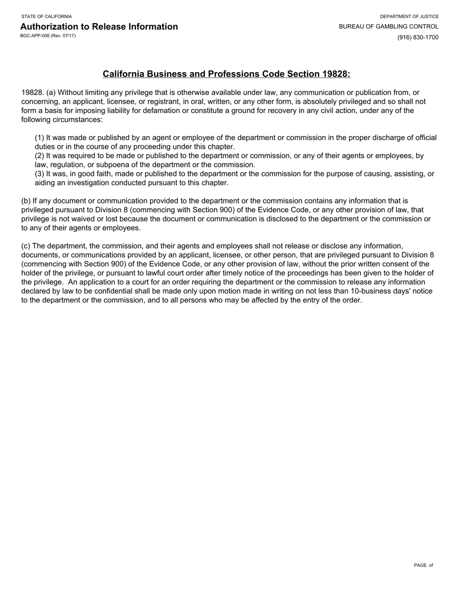 Form BGC-APP-006 Authorization to Release Information - California, Page 2