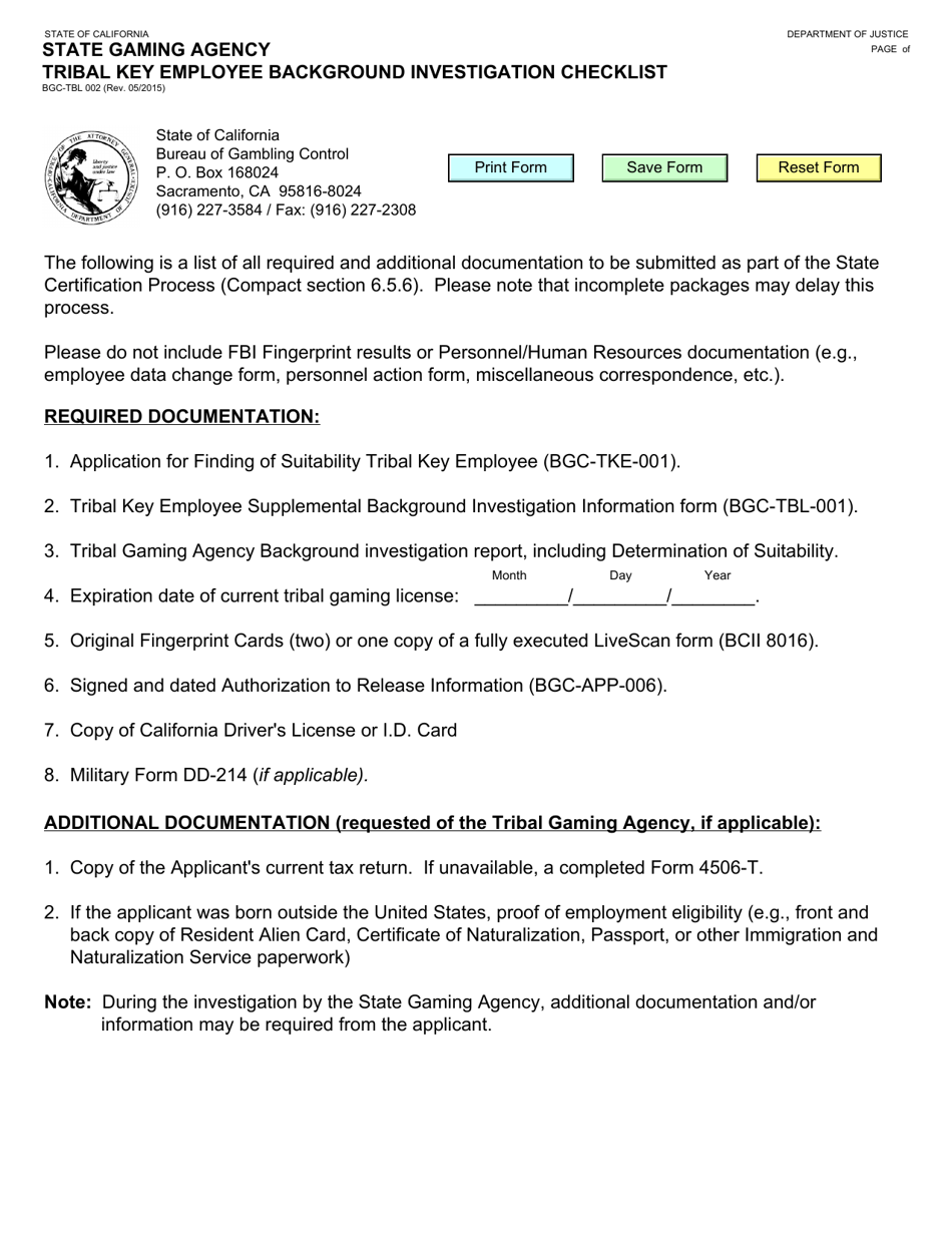 Form BGC-TBL002 State Gaming Agency Tribal Key Employee Background Investigation Checklist - California, Page 1