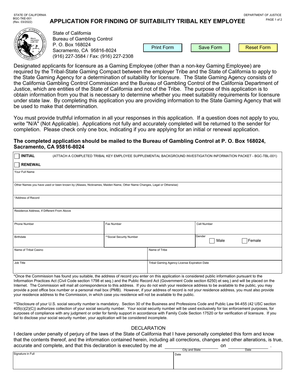 Form BGC-TKE-001 Application for Finding of Suitability Tribal Key Employee - California, Page 1