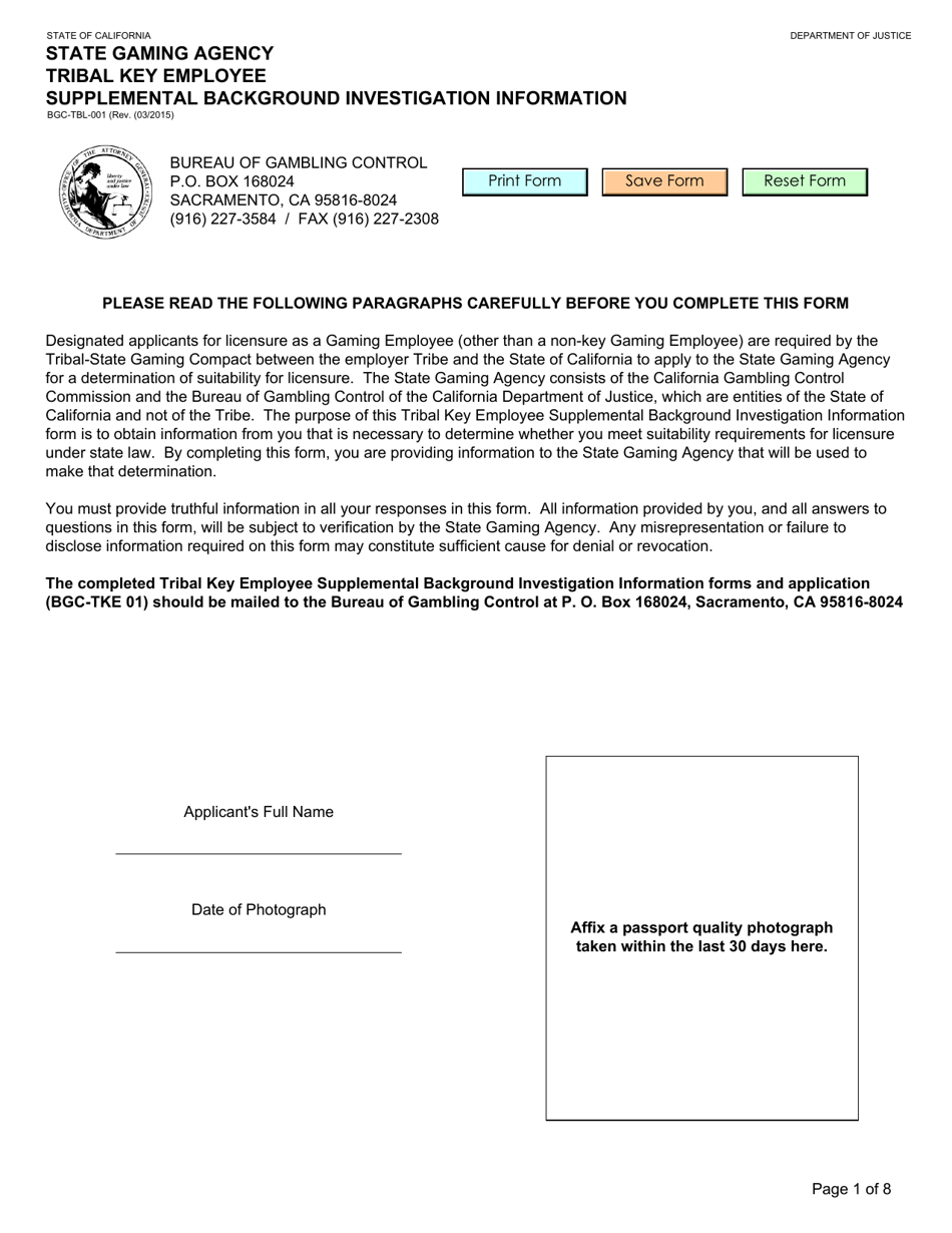 Form BGC-TBL-001 State Gaming Agency Tribal Key Employee Supplemental Background Investigation Information - California, Page 1