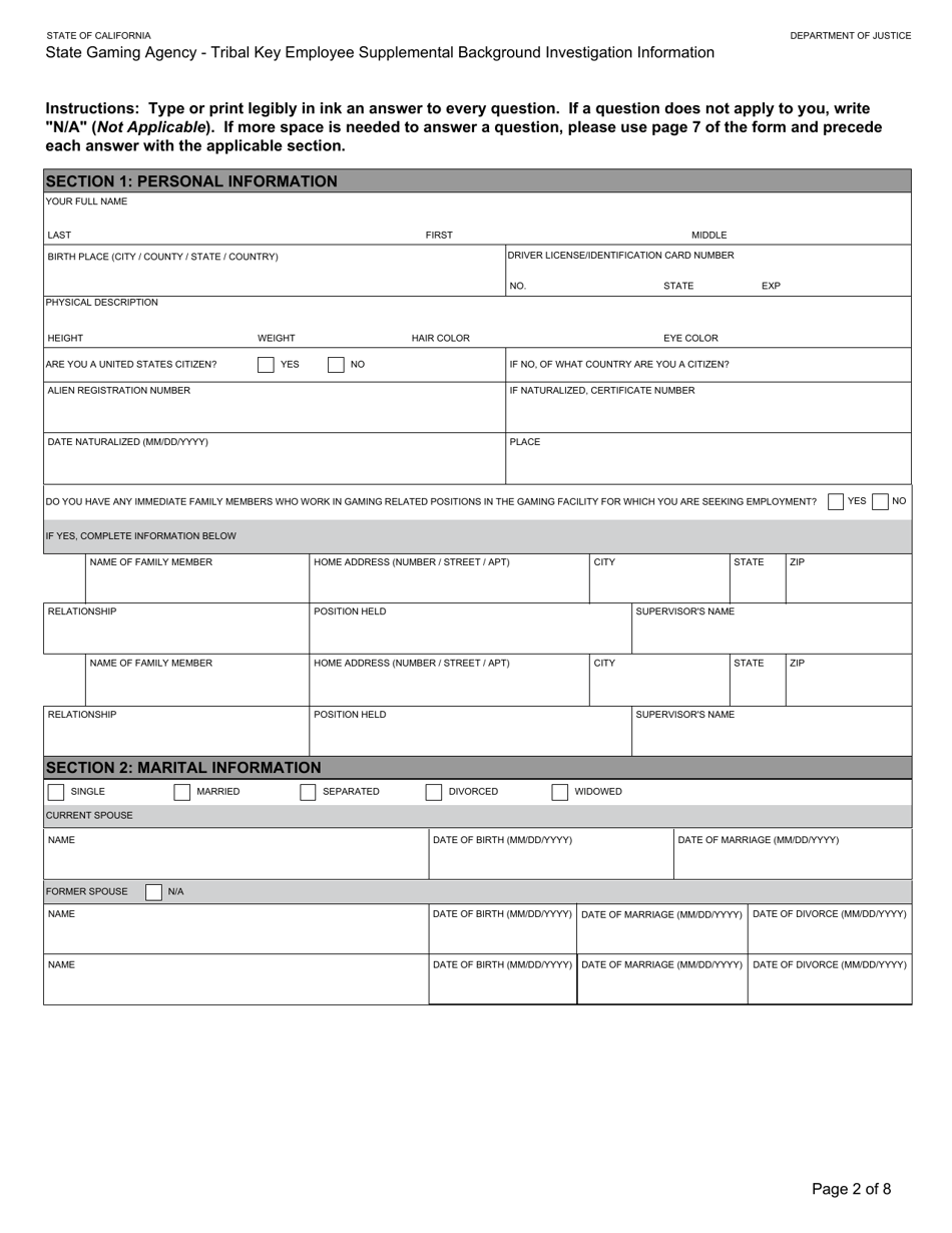 Form BGC-TBL-001 State Gaming Agency Tribal Key Employee Supplemental Background Investigation Information - California, Page 2
