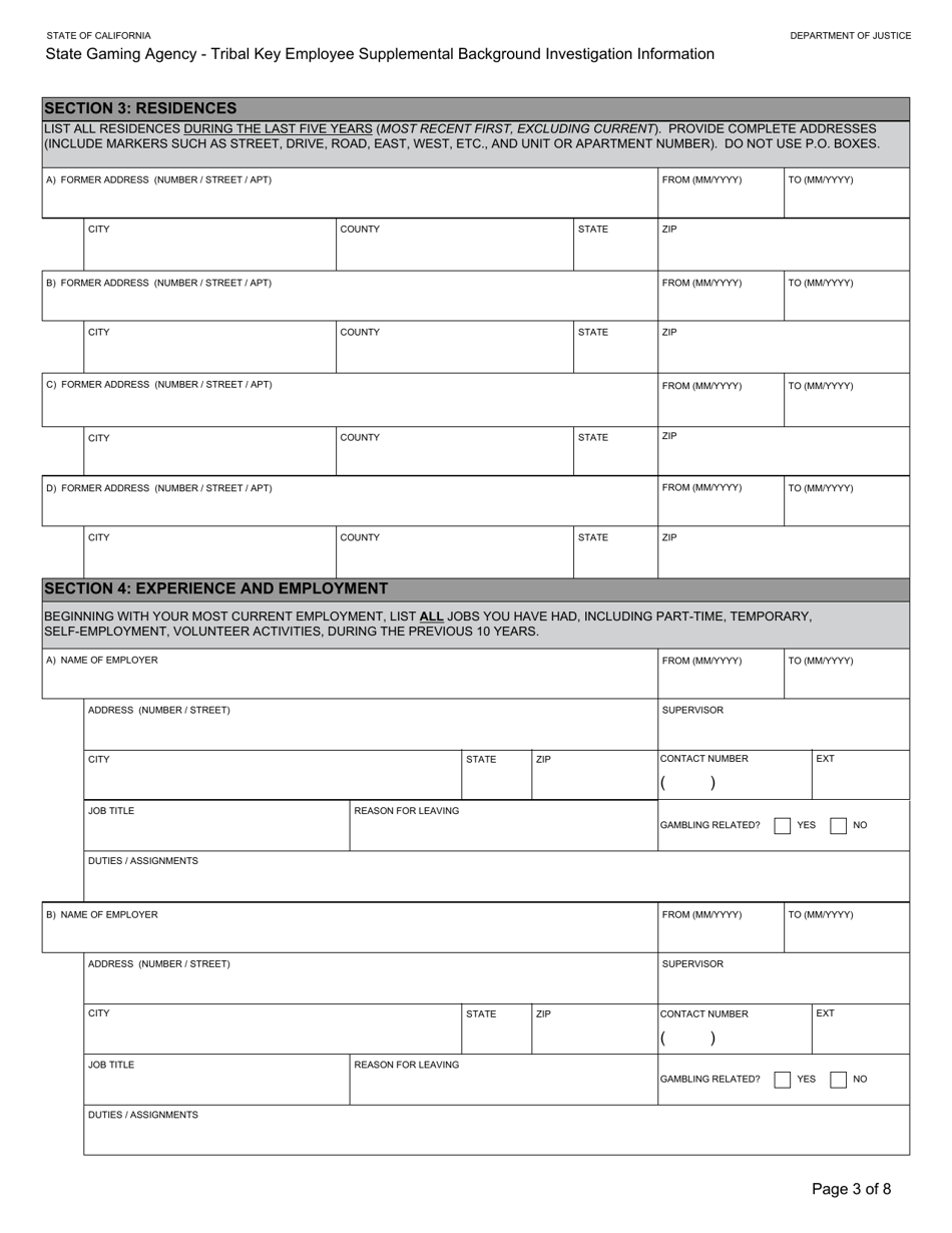 Form BGC-TBL-001 State Gaming Agency Tribal Key Employee Supplemental Background Investigation Information - California, Page 3