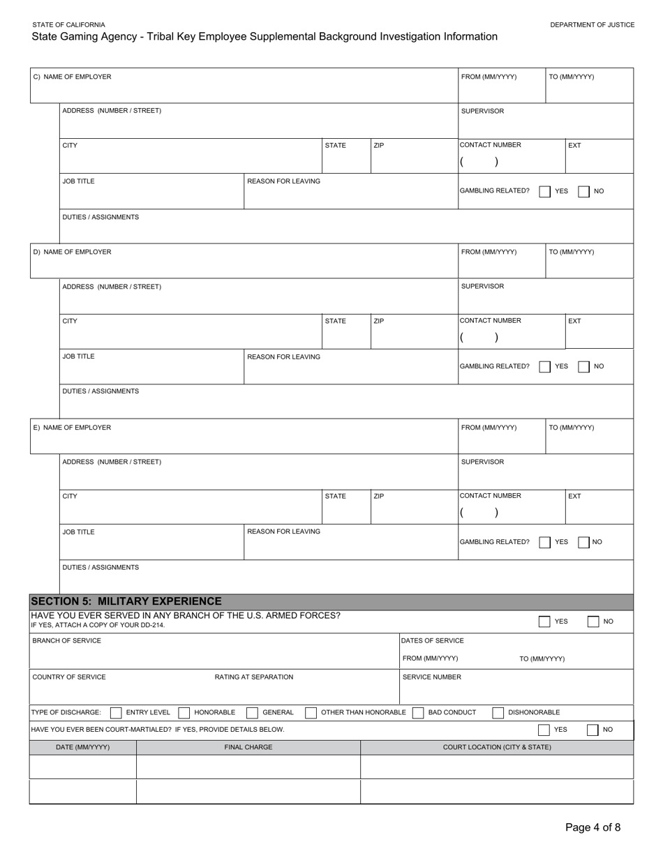 Form BGC-TBL-001 State Gaming Agency Tribal Key Employee Supplemental Background Investigation Information - California, Page 4
