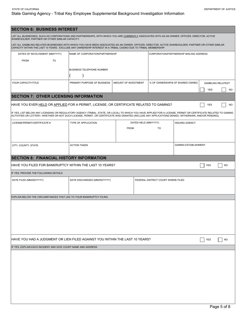 Form BGC-TBL-001 State Gaming Agency Tribal Key Employee Supplemental Background Investigation Information - California, Page 5