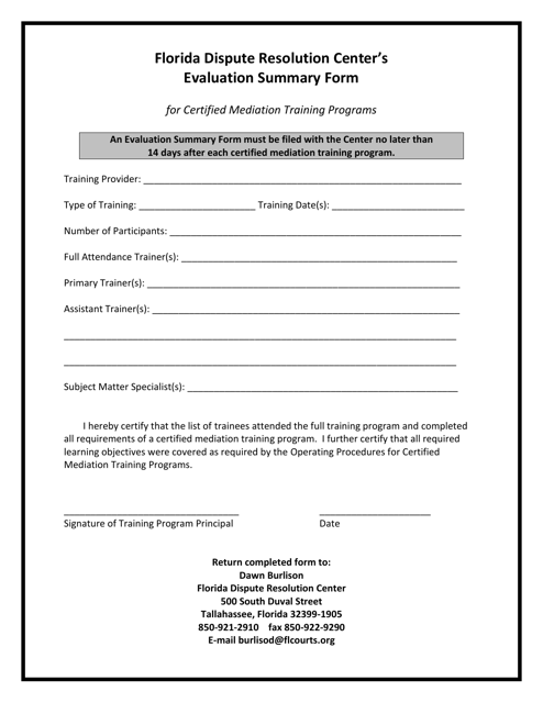 Evaluation Summary Form for Certified Mediation Training Programs - Florida Download Pdf