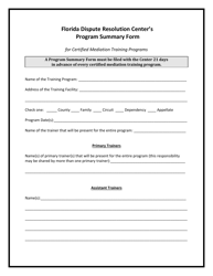 Program Summary Form for Certified Mediation Training Programs - Florida