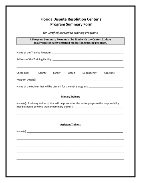 Program Summary Form for Certified Mediation Training Programs - Florida Download Pdf