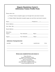 Document preview: Arbitration Trainer Profile Form - Florida