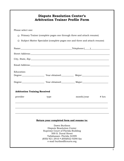 Arbitration Trainer Profile Form - Florida Download Pdf