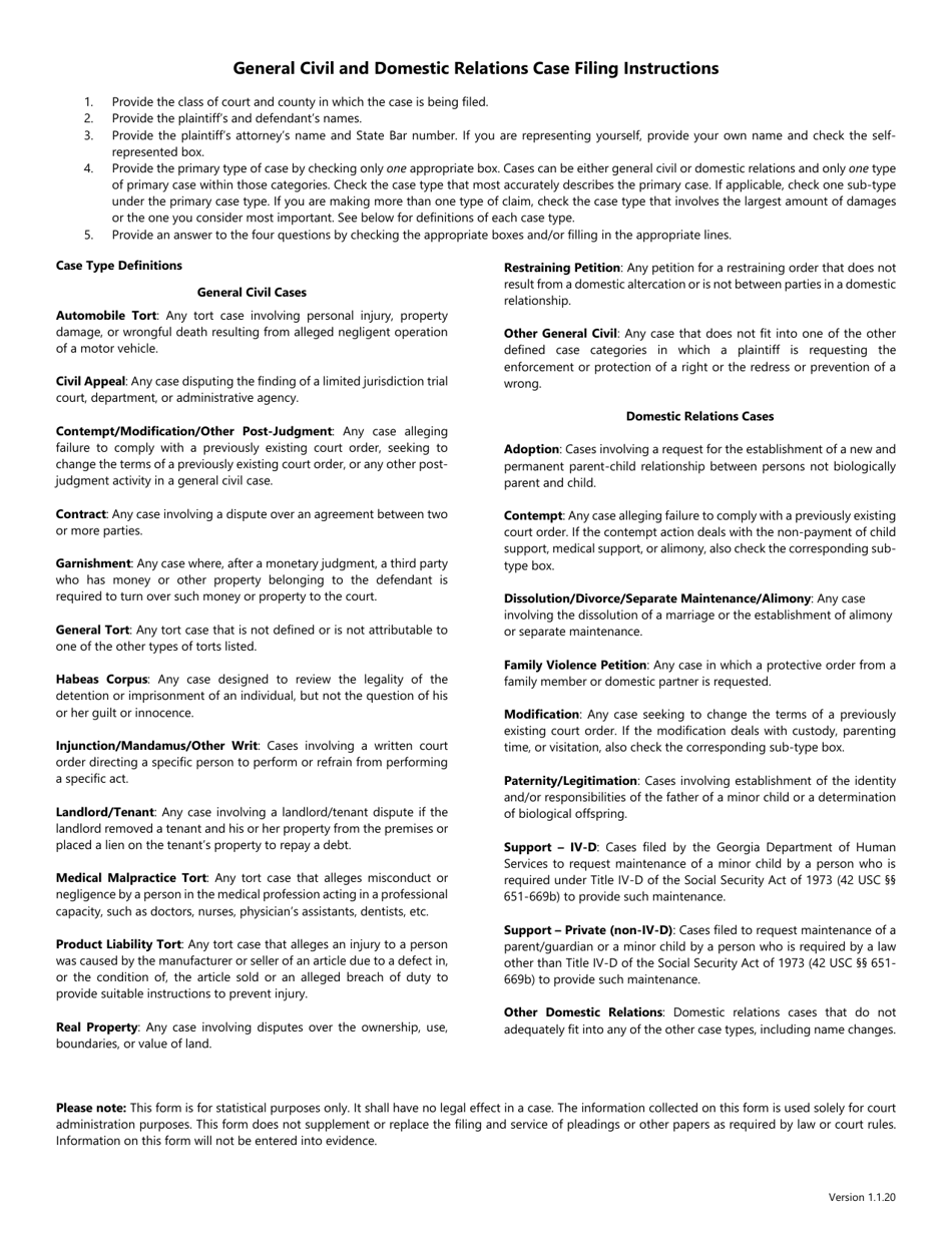 General Civil and Domestic Relations Case Filing Information Form - Georgia (United States), Page 1