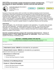 Document preview: Form BGC610 Application for Interim License for Manufacturers, Distributors, and Vendors of Bingo Equipment, Devices, Supplies and Services - California